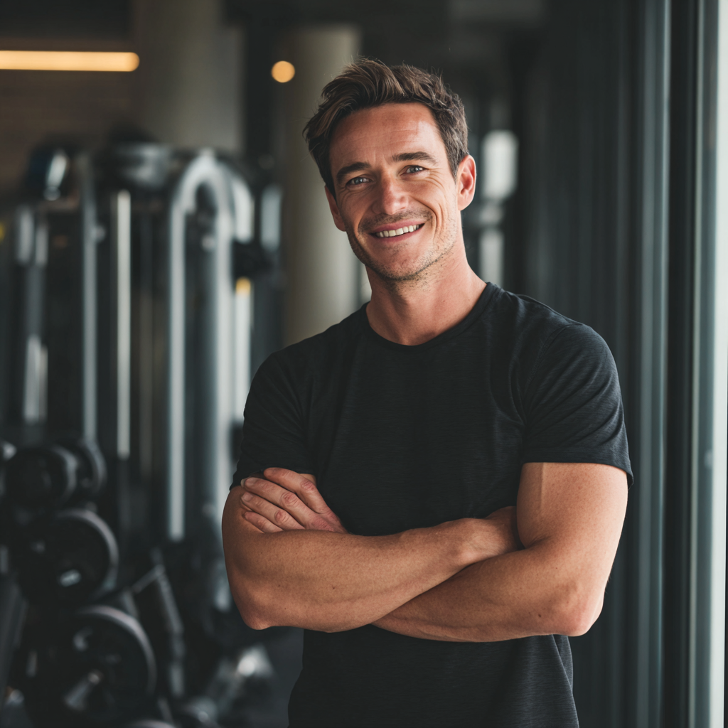 Professional European fitness trainer in their 40s smiling confidently in a modern gym environment